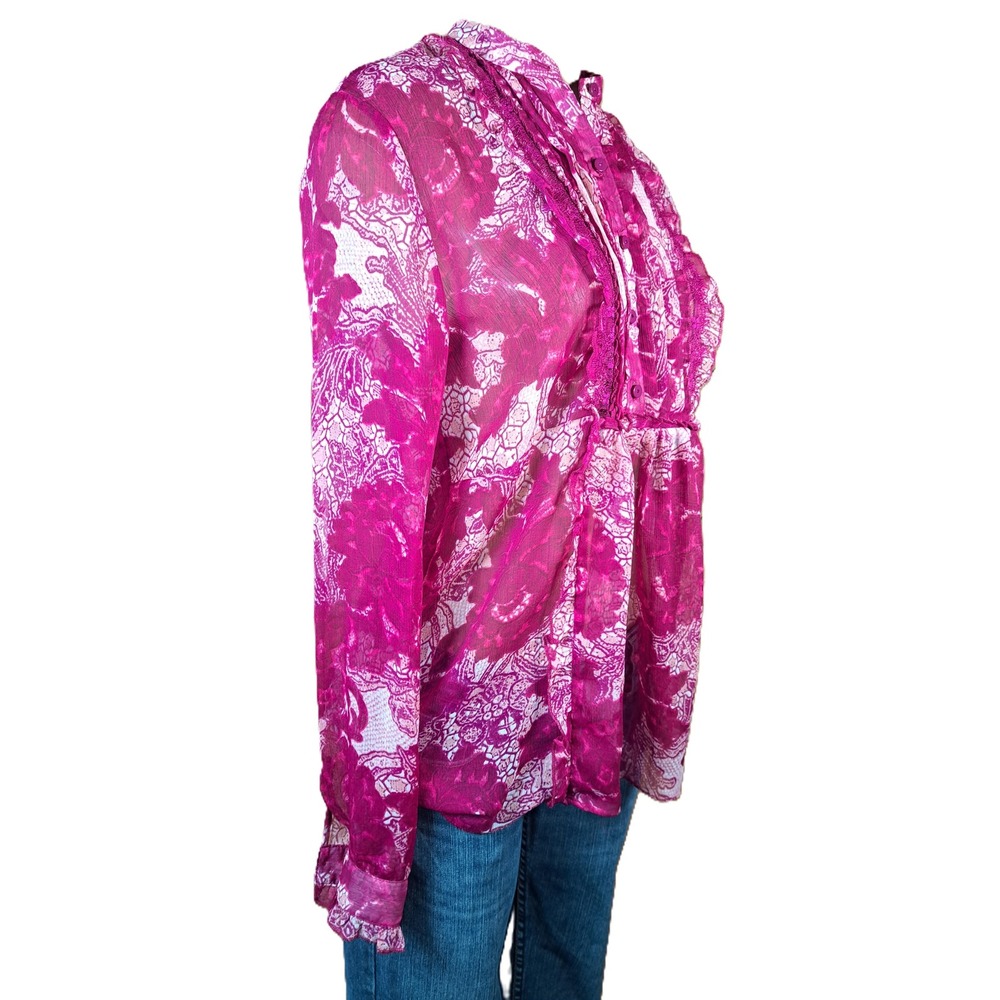 New York & Company Magenta Pink Floral Lace Print Ruffle Blouse‎ XS Boho Sheer